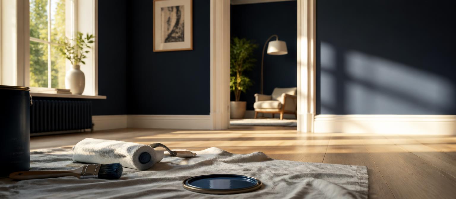 A freshly painted premium interior with deep navy walls, warm afternoon light and timber floors