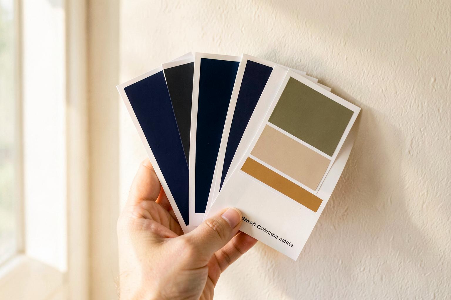 Paint colour swatches held against a wall