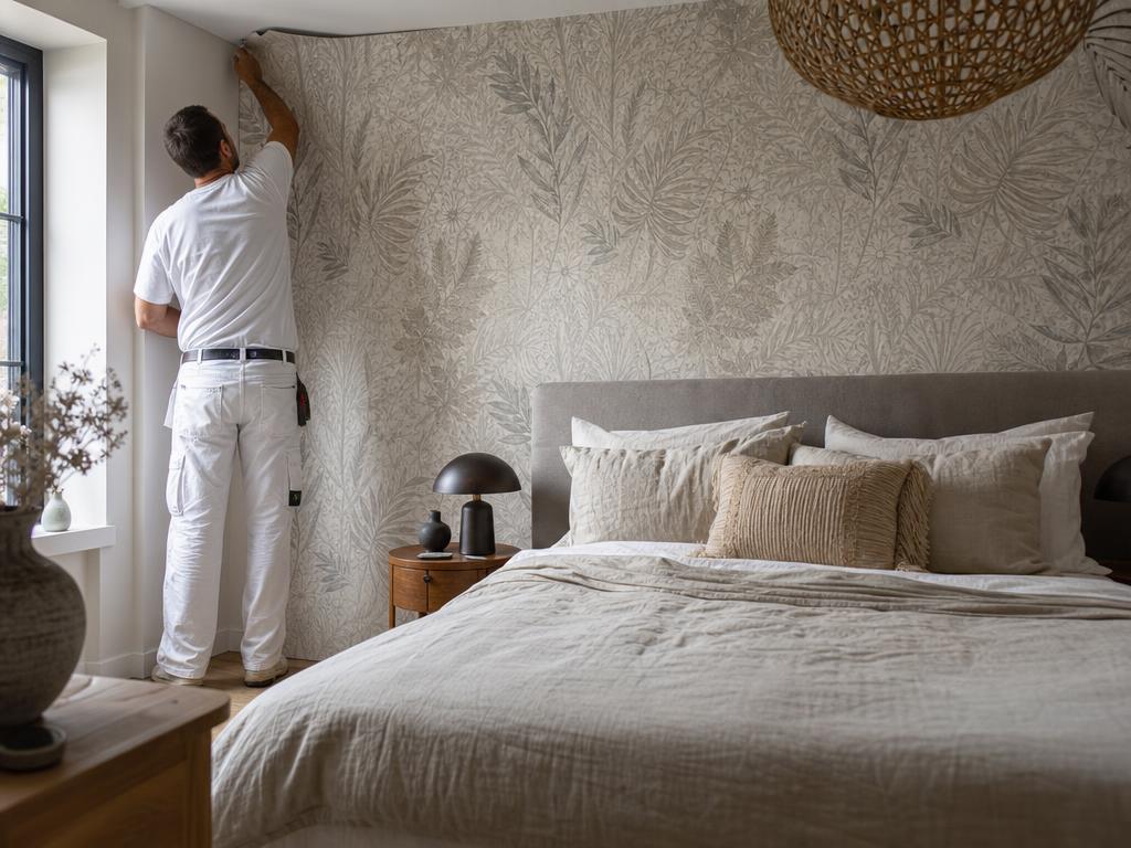 Painter applying textured botanical wallpaper in a neutral bedroom