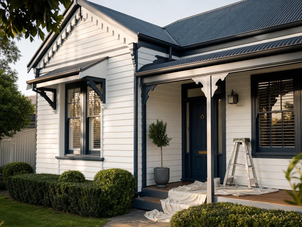 Freshly painted heritage weatherboard home with navy trim
