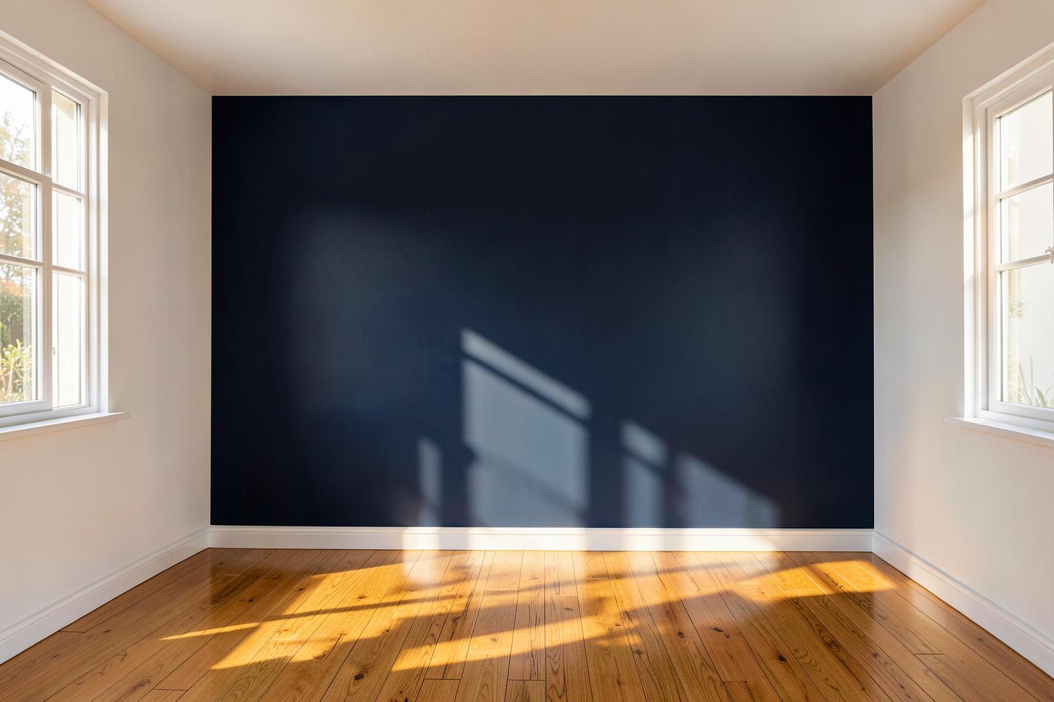 Freshly painted living room with a deep navy feature wall
