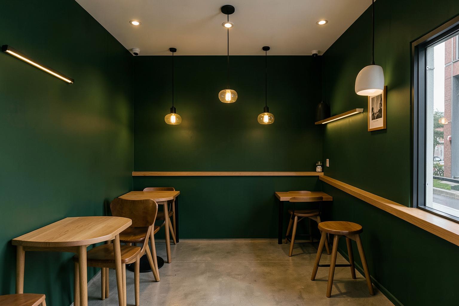 Boutique cafe interior with freshly painted deep green walls